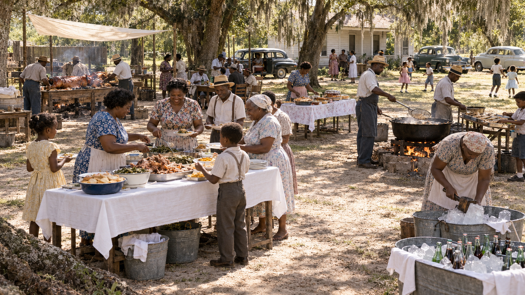 Reconstruction of a multigenerational Black family gathering in rural 1950s Florida