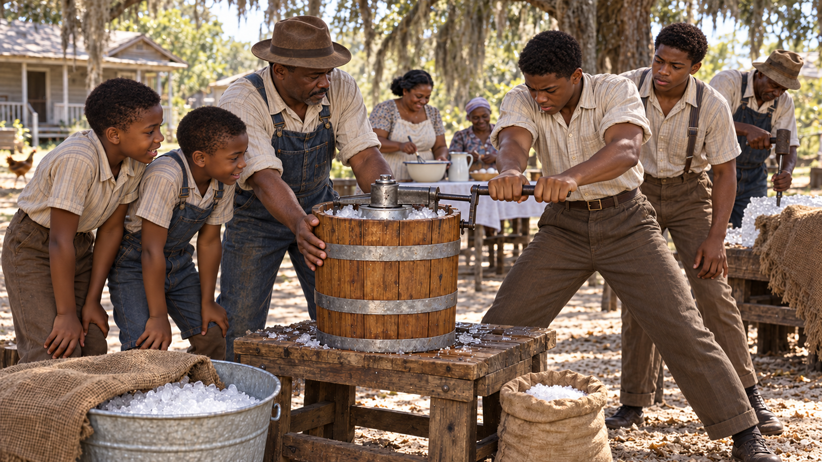 Strong teenagers and a man turning and steadying a raised wooden ice-cream churn while younger boys watch